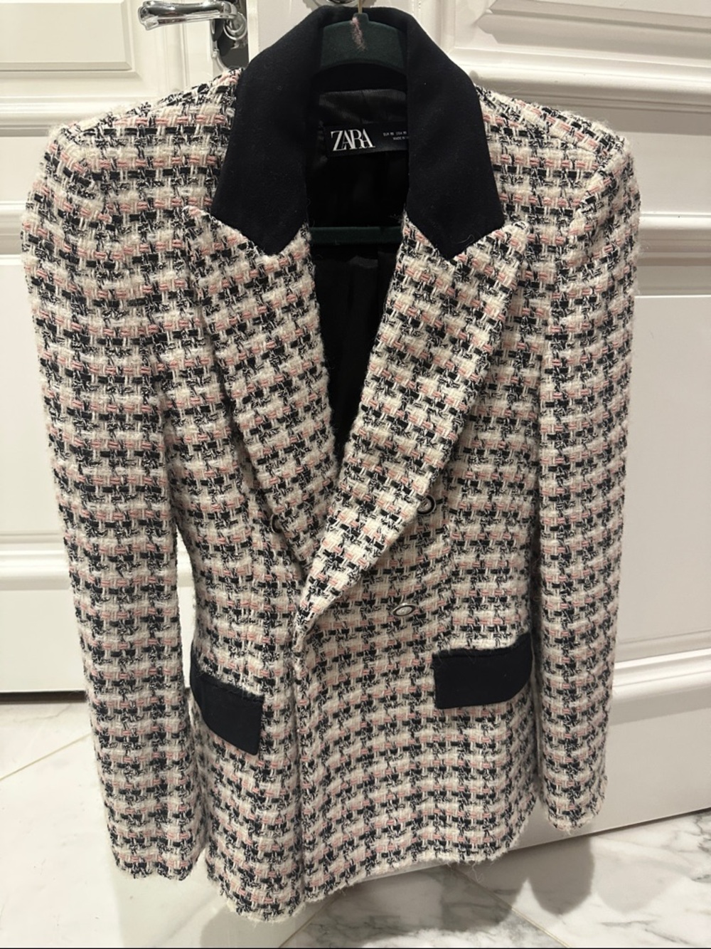 ZARA Cream, Black & Pink Tweed Blazer